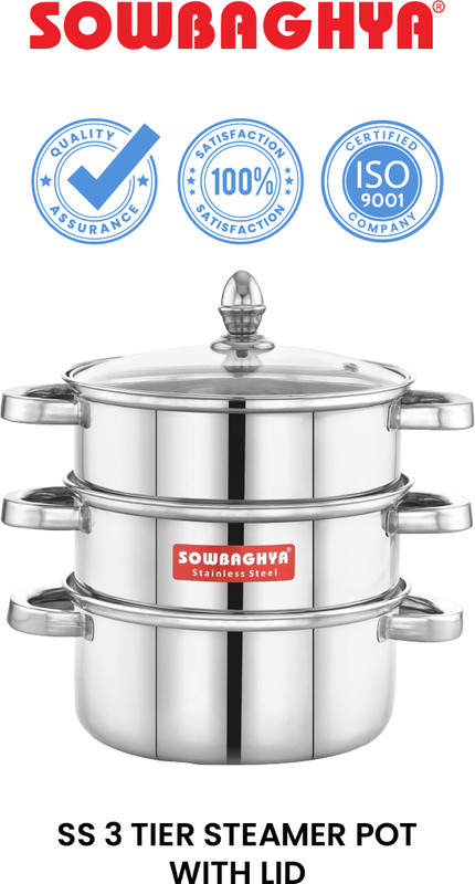 Sowbaghya Sowbaghya 3Tier Steamer with Glass Lid (Induction Bottom) 18cm Dia - Stainless Steel Steamer(2 L)