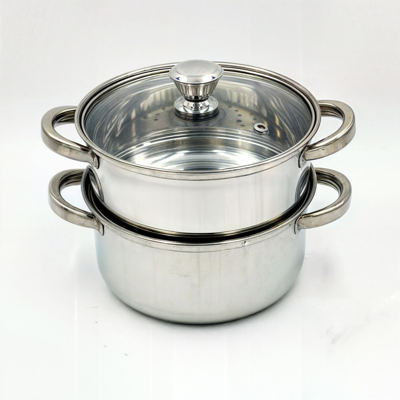 MAMOIR ® 2 Tier with Glass Lid 20 cm | 2.5 mm Thick Base | Multi Purpose Stainless Steel Steamer(1 L)
