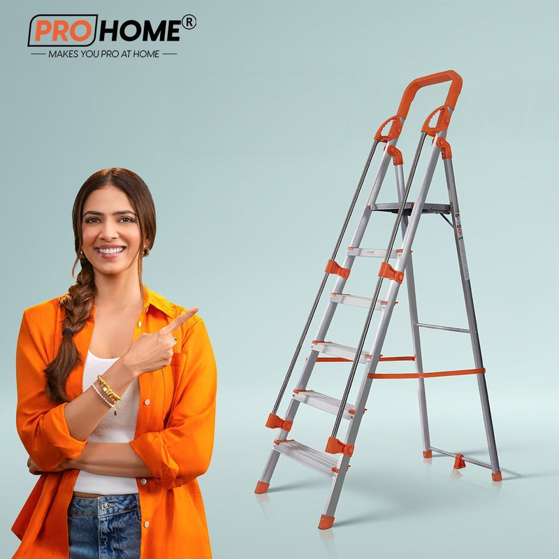 ProHome 6 Steps Ladder with Railing and Anti Slip Shoes Aluminium Ladder(With Platform, Hand Rail)