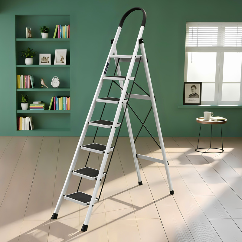 Plantex Anti-Skid Strong Foldable Wide 7 Step Ladder/Ladder for Home-(White-Apex) Steel Ladder(With Platform)