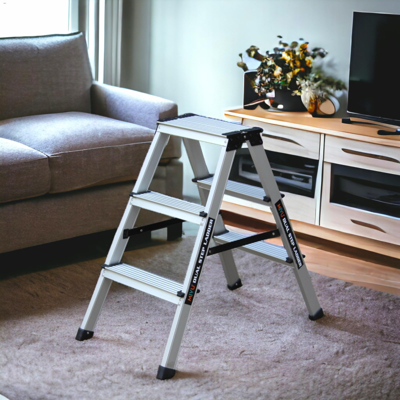 Mivu 3steps Premium Anodized Dual Step Ladder|Both Side Steps for Home & Office Use Aluminium Ladder(With Platform)