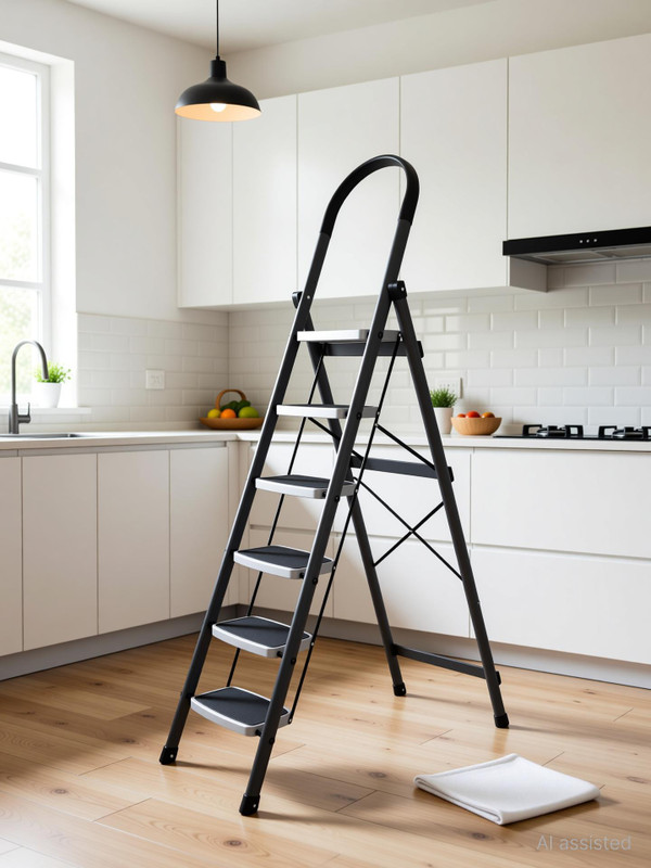 Plantex High-Grade Heavy Folding for Home - 6 Wide Anti-Skid Steps (Gray & White) Steel Ladder(With Platform, Hand Rail)