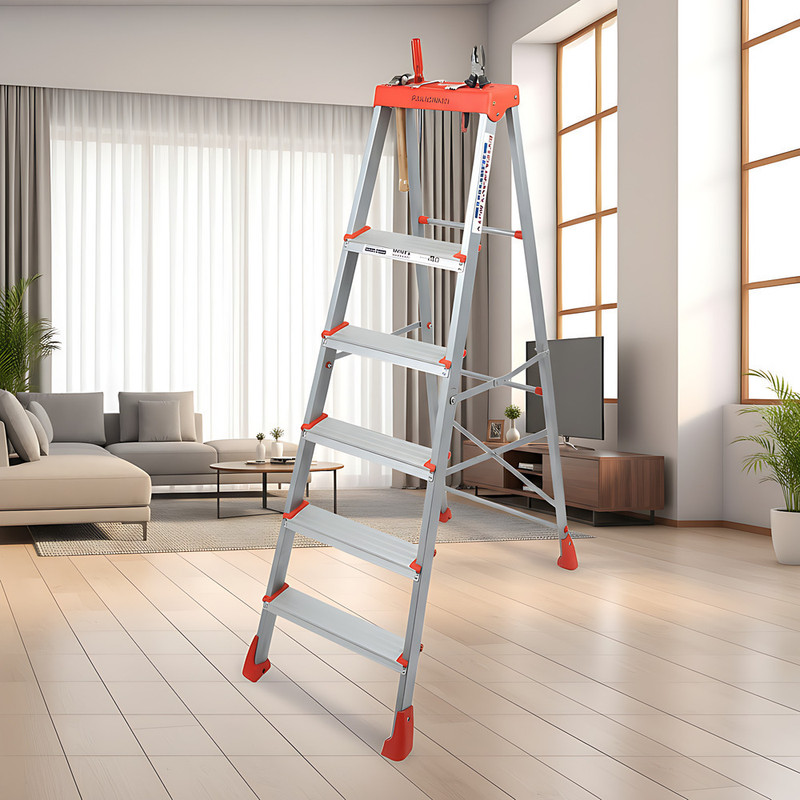 AJAAQI 5 Step Easy Day Ladder Orange Sliver Colour (Aluminium Step ) Folding Mild Steel Ladder