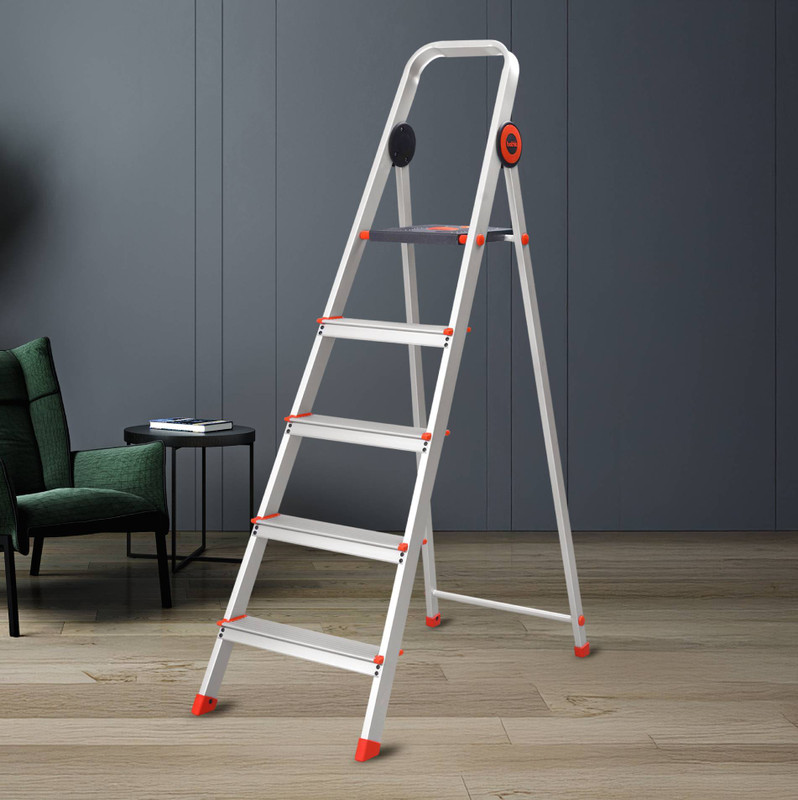 Bathla Advance Pro 5-Step Foldable Aluminium Ladder for Home | Orange | 7-Year Warranty Aluminium Ladder(With Platform)