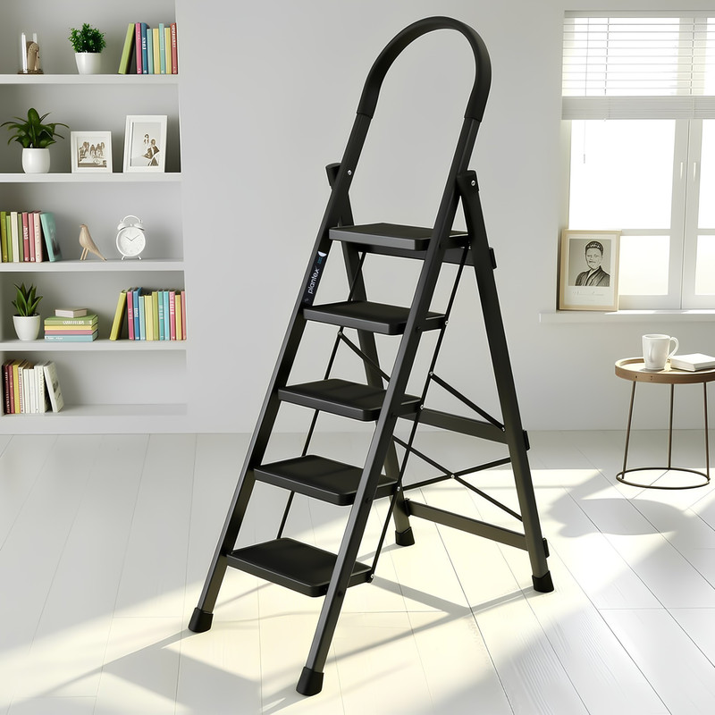 Plantex Anti-Skid Strong Foldable Wide 5 Step Ladder/Ladder for Home-(Apex -Black) Steel Ladder(With Platform)