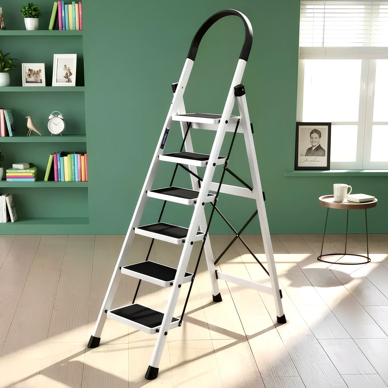 Plantex Foldable Steel 7 Step Ladder/Wide Anti Skid Steps/Ladder For Home-(Gray & White) Steel Ladder(With Platform)