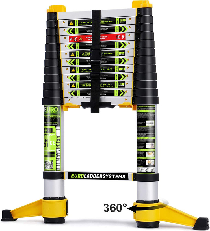 EURO LeanSafe Telescopic ladder 3.8 meter (13) ft Storage 3ft - Swivel Stabilizer Aluminium Ladder