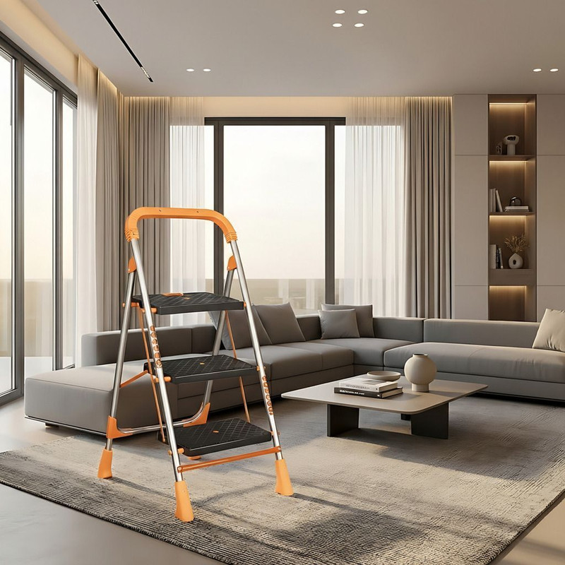 AJAAQI 3 Step Orange Diamond Ladder Anti-Skid & Folding Ladder Made in India Steel Ladder(With Platform)