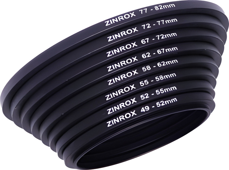 ZINROX Step Up Lens Filter Adapter Rings - Set of 8pcs - Allows You to Fit Larger Size Lens Filters on a Lens with a Smaller Diameter - Sizes: 49-52mm, 52-55mm, 55-58mm, 58-62mm, 62-67mm, 67-72mm, 72-77mm, 77-82 mm - BLACK Step Up Ring Set (49 - 82 mm) Step Up Ring(49 - 82 mm)