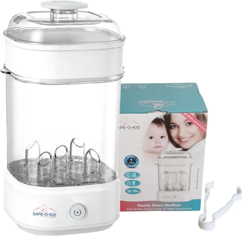 Safe-o-kid Steam Sterilizer - 1 Year warranty, Kills 99.9% germs in 8 min 5 bottle capacity - 5 Slots(Grey)