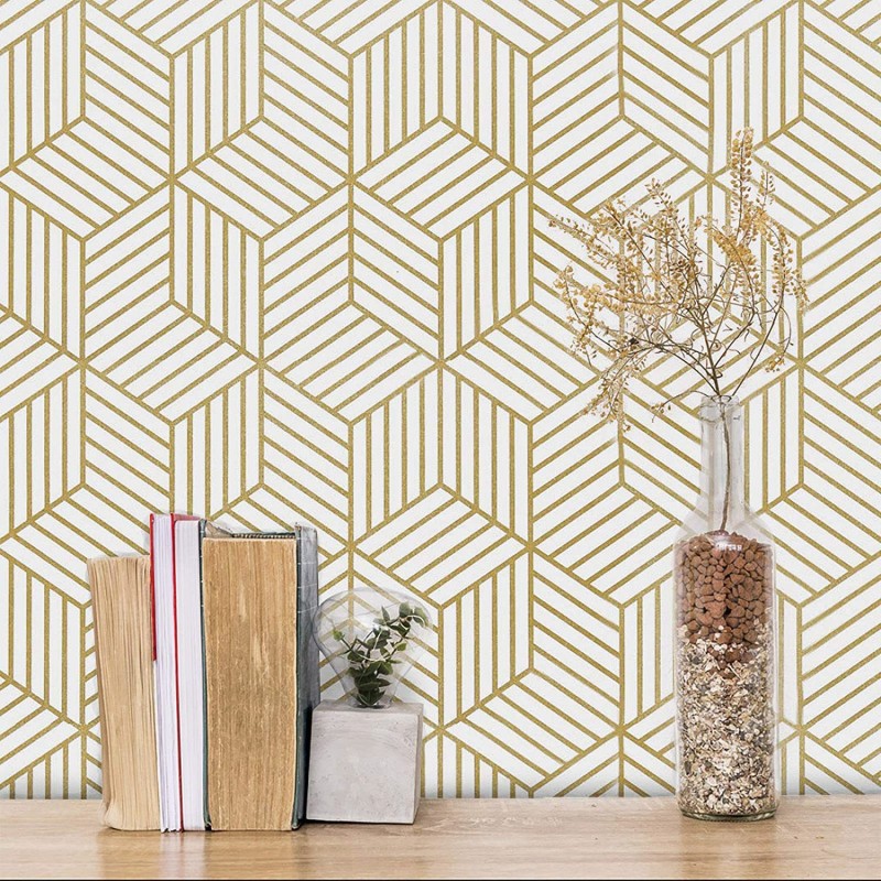 FOKRIM 500 cm White and gold Geometric Wallpaper for Walls Sticker Waterproof Size:(45x500cm) Self Adhesive Sticker(Pack of 1)