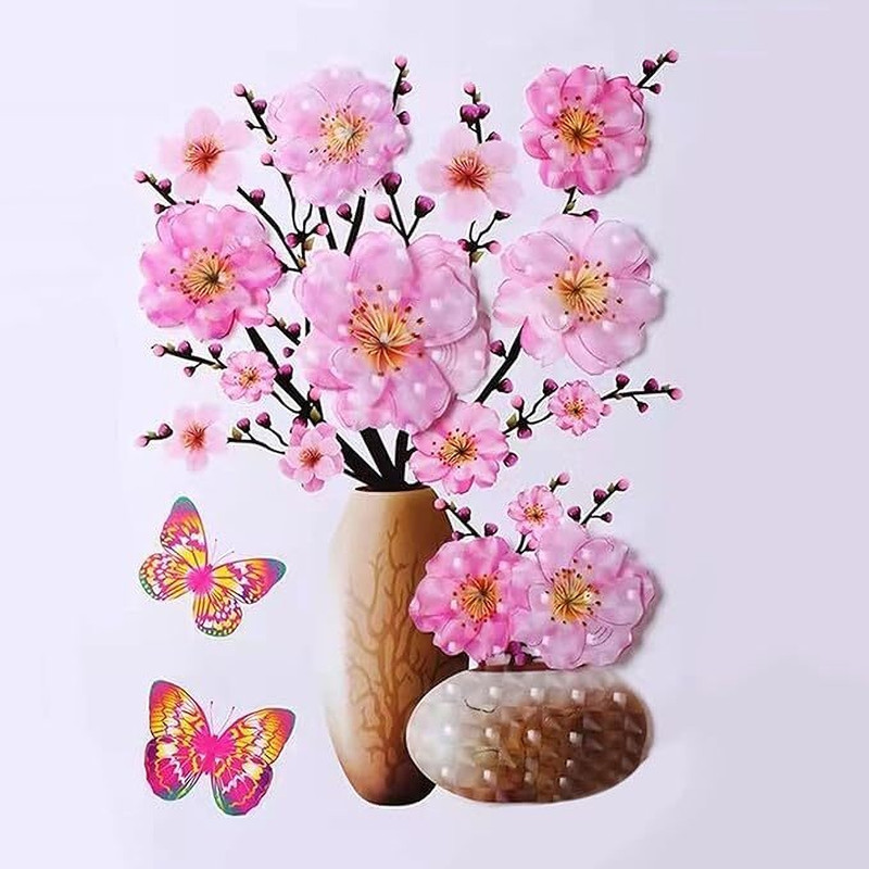 GS ECOM 16 inch 3D Vase Wall Stickers Stereo Flower Wall Decal Pink Superposition Floral Wall Self Adhesive Sticker(Pack of 1)
