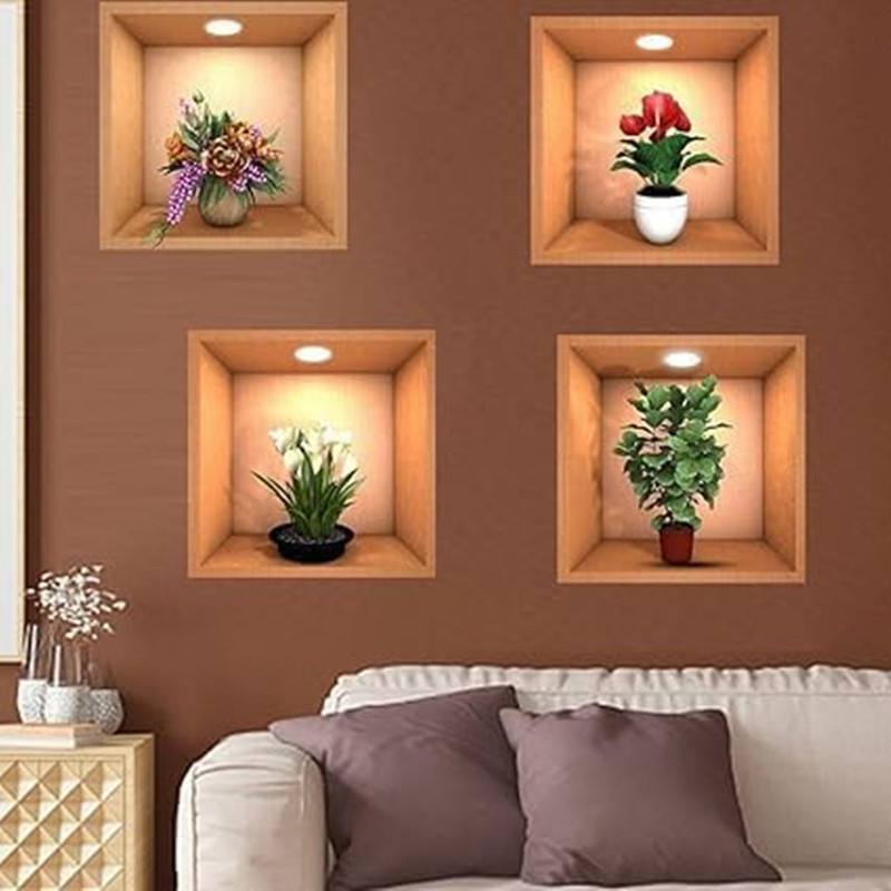 GANESH PROCESSING 30 cm 3D Wall Flower Pot Sticker - 4Pcs Self Adhesive Sticker(Pack of 4)
