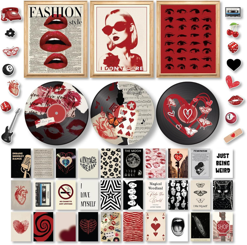 Aesthetify 12 inch Downtown Girl Y2K Posters Dark Red Aesthetic Wall Art for Teen Girls Room Set Self Adhesive Sticker(Pack of 50)