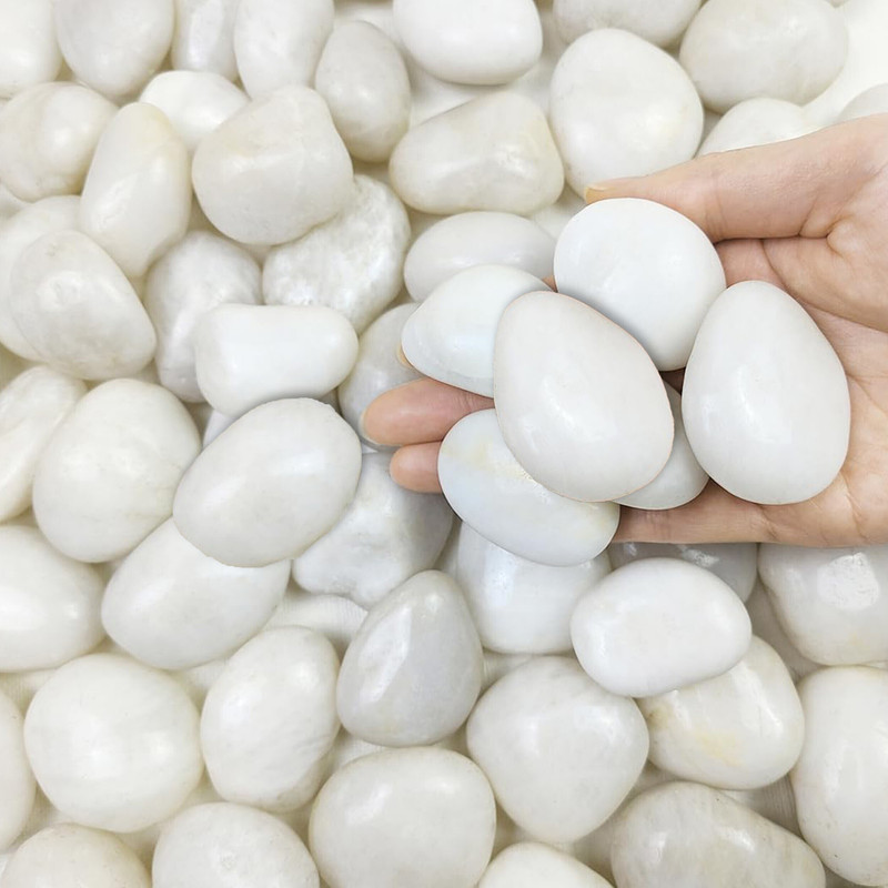 PERFY 5KG Natural Polished White Pebbles (30-60mm) – Ideal for Plant Pots, Aquariums, Polished, Regular Angular, Asymmetrical Marble Pebbles(White 5 kg)
