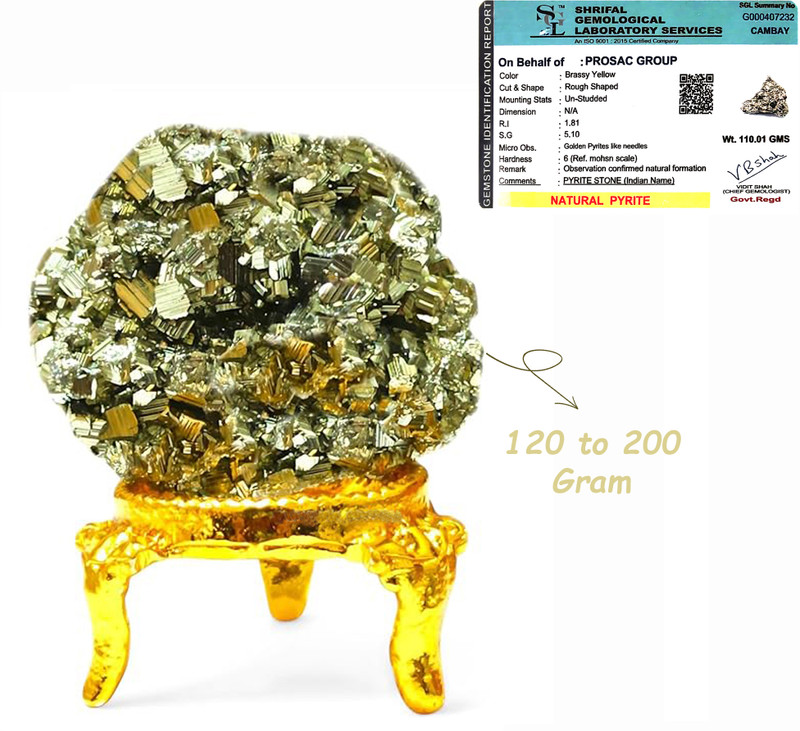 Prosac Pyrite Stone Original Cluster - 120 to 200 Grams with Golden Brass Stand Regular Angular Crystal Stone(Gold 150 g)