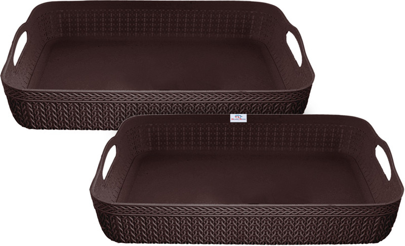 Heart Home Plastic Q-3 Multiuses Designer Unbreakable Plastic Storage Basket Pack of 2 (Brown) Storage Basket(Pack of 2)
