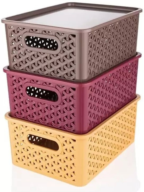 DEEJET Plastic Storage Basket for Fruits,Vegetables,Magazines,Cosmetics,Kitchen Tool -with Lid Storage Basket(Pack of 3)