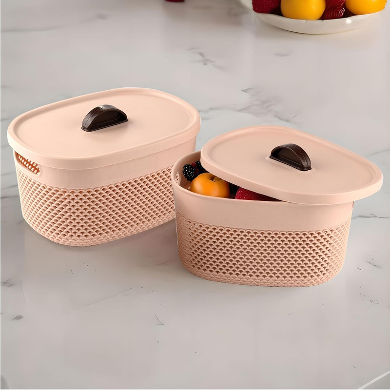 HOMESTIC Plastic Unbreakable Small Multipurpose Storage Baskets with lid|Beige|Pack of 2 Storage Basket(Pack of 2)