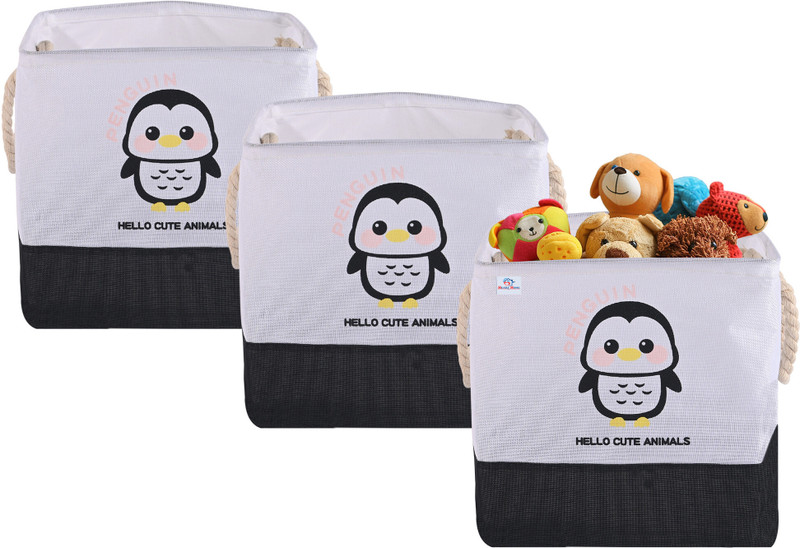 Heart Home Cotton, Jute Pack of 3 Storage Basket with Handle | GM-32-BLK | Penguin - Black & White Storage Basket(Pack of 3)