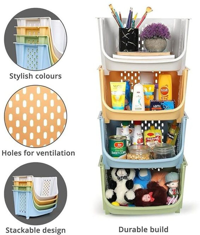 FLYUP Plastic Multi-purpose plastic storage baskets - stackable ventilated organizer Storage Basket(Pack of 4)