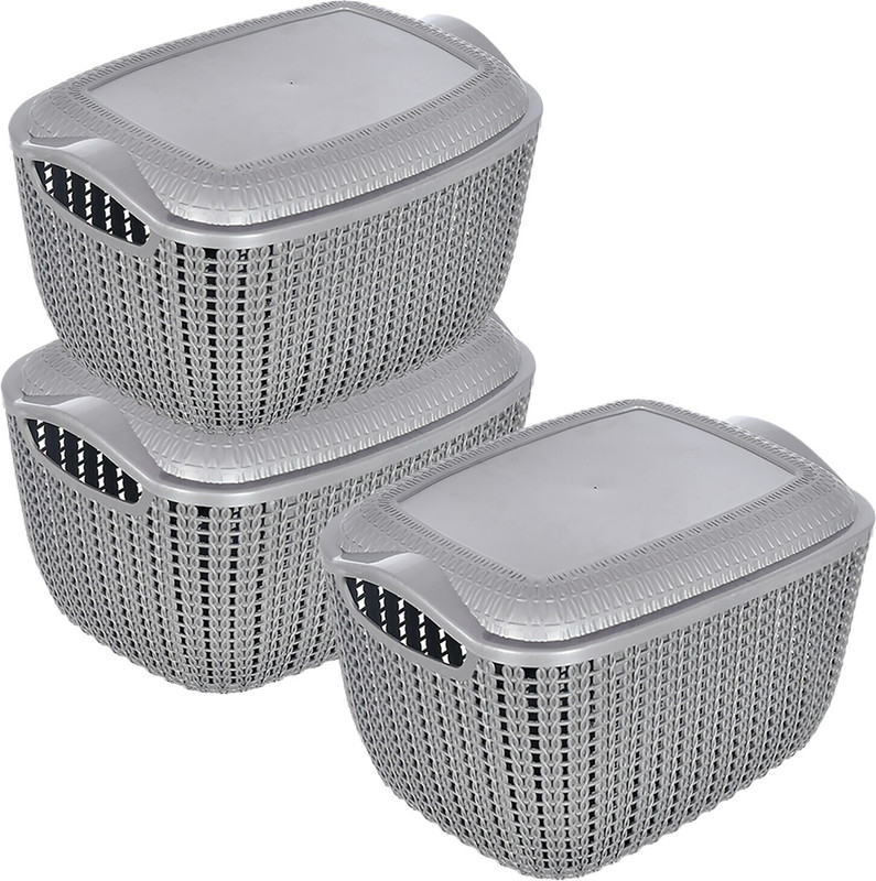 KUBER INDUSTRIES Plastic Multiuses Small M 25 Plastic Basket/Organizer With Lid- Pack of 3 (Grey) Storage Basket(Pack of 3)