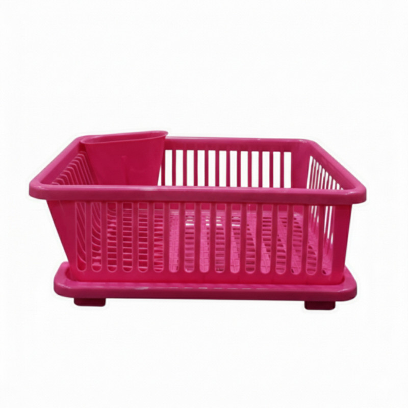 MARQO Plastic Plastic Dish Drying Rack with Drain Tray & Cutlery Holder | Pink Storage Basket(Pack of 1)
