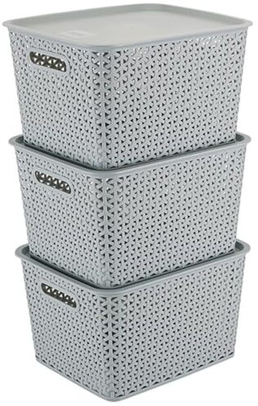 KOLORR Plastic Premium Elite Baskets Large with 3 Lids - Daiso Grey Storage Basket(Pack of 3)