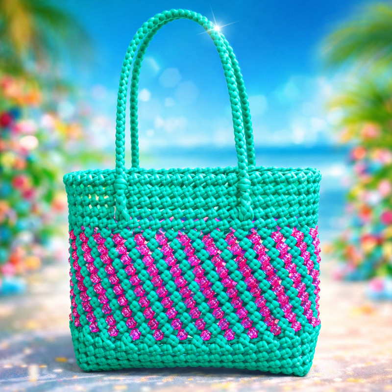 akru Plastic Handwoven Krishna Blue & Pink Amla Beads Basket Wire Koodai Storage Basket(Pack of 1)