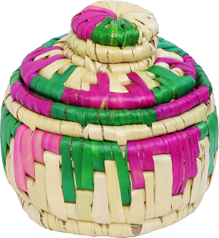 DIGSMORDEN Wooden Handcrafted Moonj Craft Wood Chevron Grass Dish Round Thread Roti Box, 8inch Storage Basket(Pack of 1)