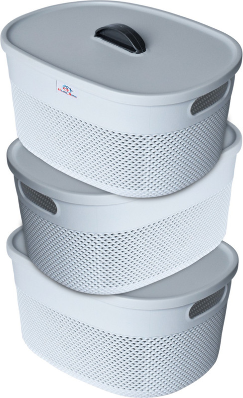Heart Home Plastic Medium Storage Baskets with lid|Design-Netted|Shape-Oval|Color-Grey|Pack of 3 Storage Basket(Pack of 3)