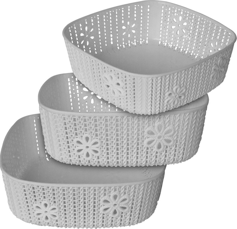 KUBER INDUSTRIES Plastic Woven Design Multipurpose Square Shape Basket Small, Medium,Large Packof 3(Grey) Storage Basket(Pack of 3)