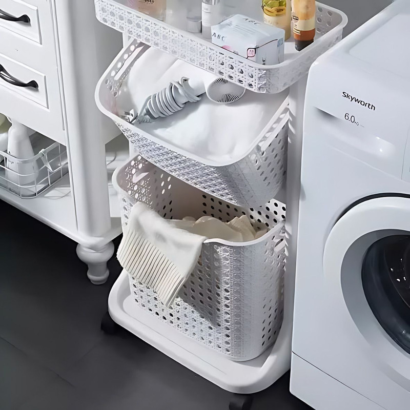 AJAAQI Plastic Laundry Trolley 3 Layers Basket with Wheel (White Colour) Rolling Laundry Storage Basket(Pack of 1)
