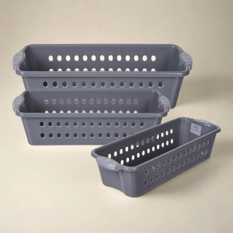 Heart Home Plastic Storage Basket for Kitchen-Vegetables-Stationery|Small|Pack of 3|Gray Storage Basket(Pack of 3)
