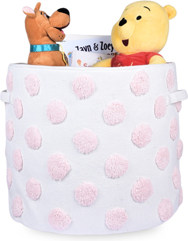 HOUSEOFMAROHA Cotton PomPom Extra-Large Round Pink Toy Storage Basket Storage Basket(Pack of 1)
