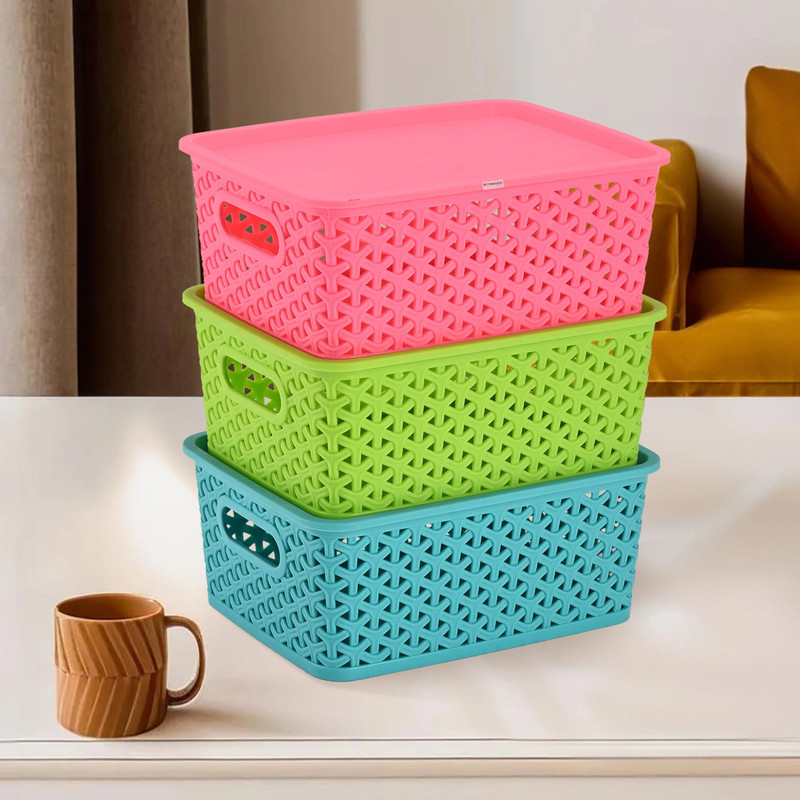 HOMESTIC Polypropylene Pack of 3 Multipurpose Storage Baskets with Lid for Organizing H1- Multicolor Storage Basket(Pack of 3)