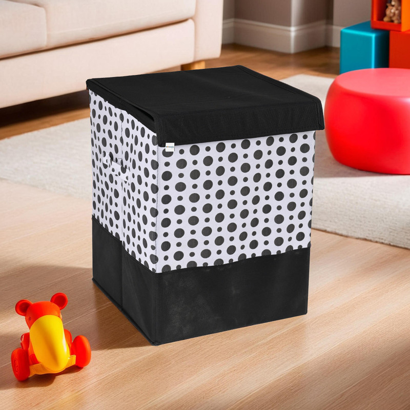 Heart Home Cotton Pack of 5 Polka Dot Organisers Storage Box & Toy Basket With Lid | Black & White Storage Basket(Pack of 5)