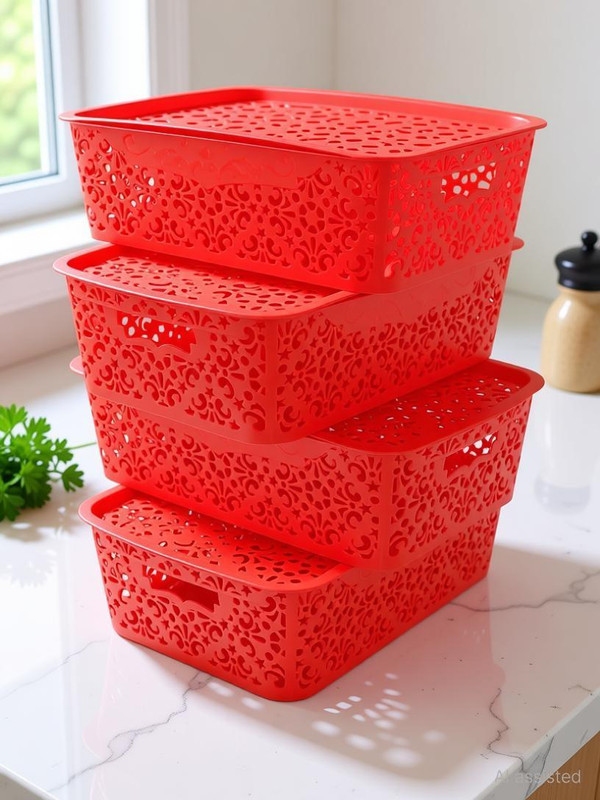 Cutting EDGE Plastic 1 Large + 2 Medium + 2 Small Turkish Basket for Kitchen | Vegetables | Toys | Books | Office | Stationery | Utility | Cosmetics | Accessories | Closet | Wardrobe | Red (with Lid, 1Large + 2Medium + 2Small) Storage Basket(Pack of 5)