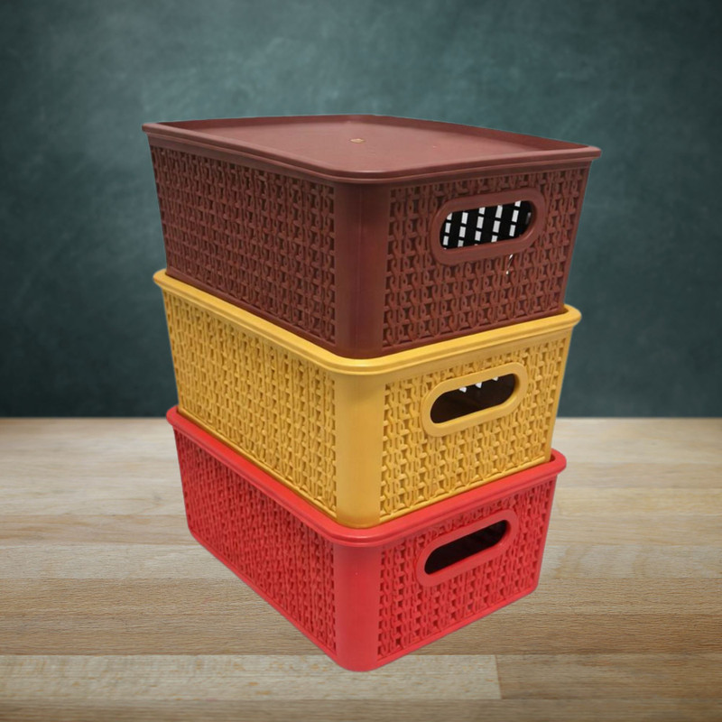 ABHYENTERPRISE Plastic Plastic Storage Basket Organizer Box with Lid Multipurpose Storage Basket(Pack of 3)