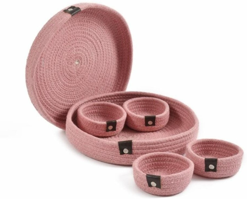 Dhriti Handloom Jute Eco Friendly Jute Dry Fruit Tray Set | 1 Tray 4 Bowls with Cover | Handmade Storage Basket(Pack of 1)