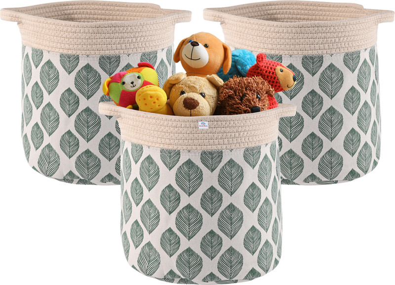 Heart Home Cotton, Polyester Pack of 3 Clothes/Storage Basket with Handles | GM-22-WHT | Leaves Print - White Storage Basket(Pack of 3)