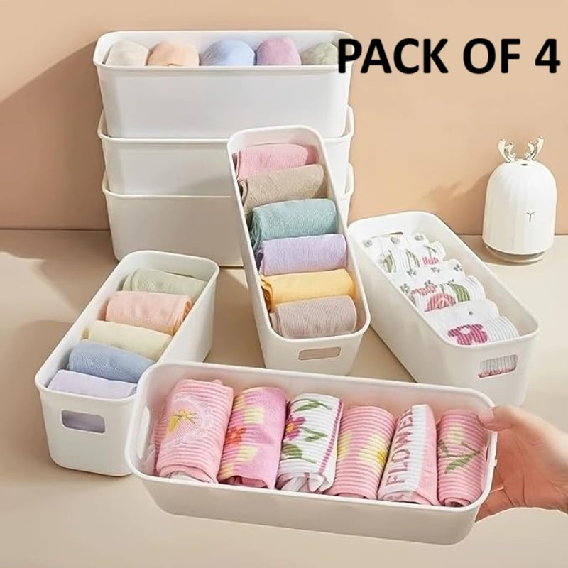 Gripzo Plastic Small Plastic Storage Basket Compact Organizer Box with Handles for Drawers Home Storage Basket(Pack of 4)