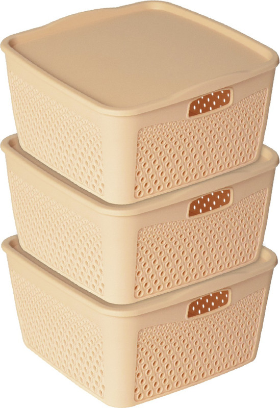 KUBER INDUSTRIES Plastic NettedDesign Square Shape Plastic Storage Baskets with lid Small Packof 3(Beige) Storage Basket(Pack of 3)
