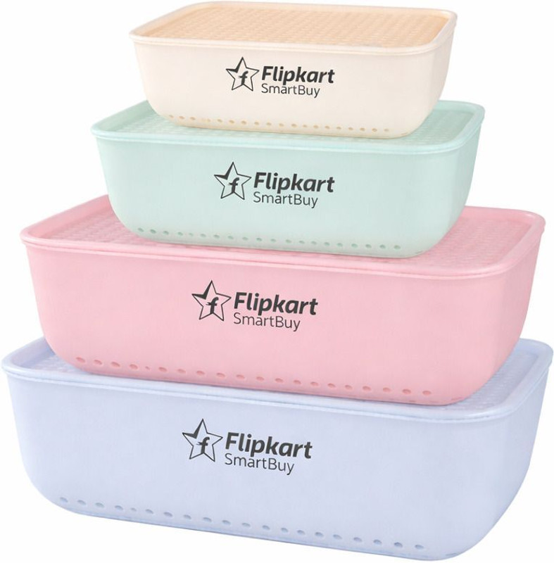 Flipkart SmartBuy Plastic Combo Of 4 Small Size Attractive Color Basket with Lid Plastic Box Organiser for Home Kitchen Storage Basket Storage Basket(Pack of 4)