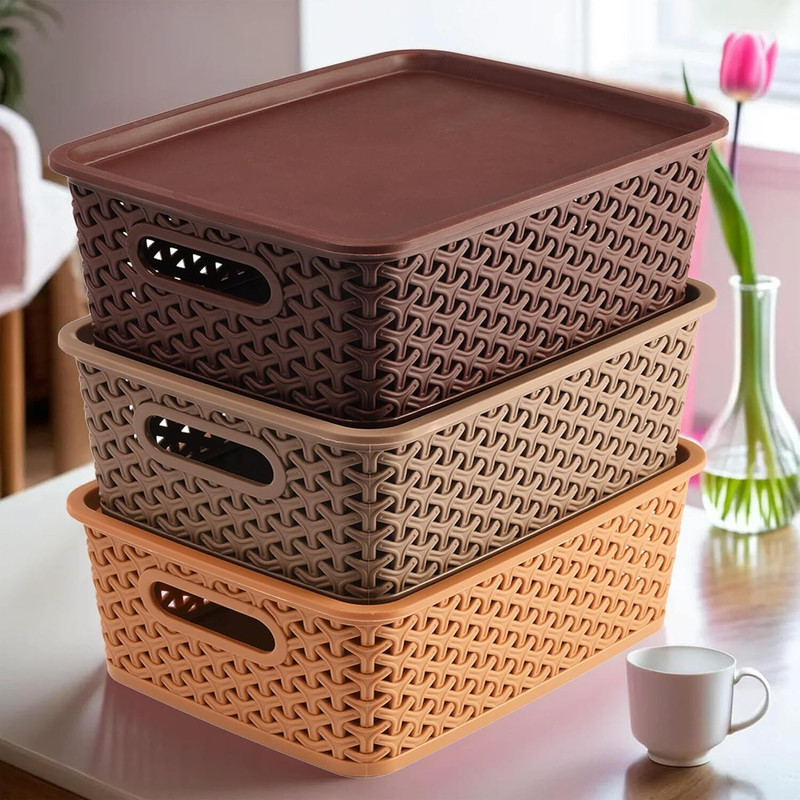 HOMESTIC Plastic Plastic Multipurpose Solitaire Storage Basket with Lid|Pack of 3 (Multi) Storage Basket(Pack of 3)