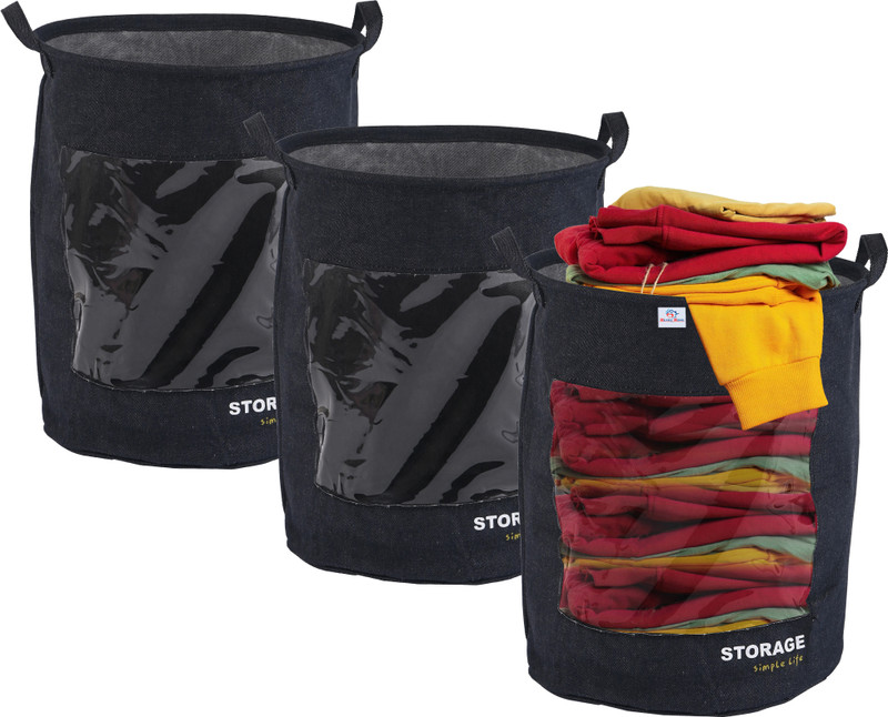 Heart Home Cotton, Polyester Pack of 3 Multipurpose 36 Ltr Washing Clothes Basket| GM-27-DDENI | Dark Denim Storage Basket(Pack of 3)