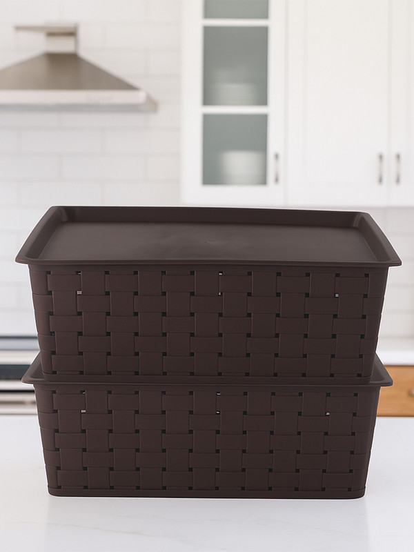 Heart Home Plastic Pack of 2 Stackable Plastic Storage Box with Lid | 5 LTR | Cannes Pattern -Brown Storage Basket(Pack of 2)