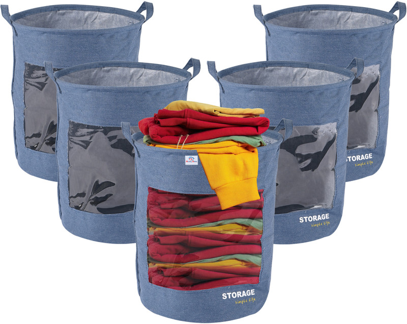 Heart Home Cotton, Polyester Pack of 5 Versatile 43L Clothes Basket with Handles | GM-27-LDENI | Light Denim Storage Basket(Pack of 5)