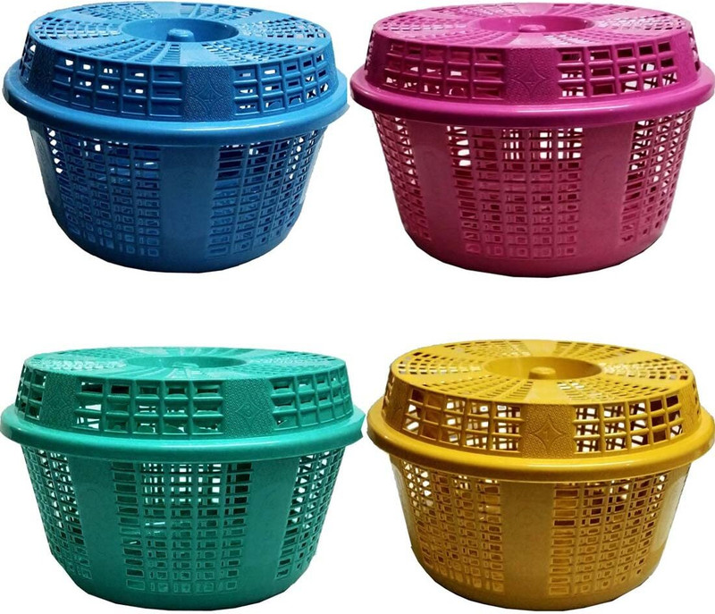 YRS Crafts Plastic Storage basket Round Plastic Basket With Lid Pack of 3 Storage Basket(Pack of 3)