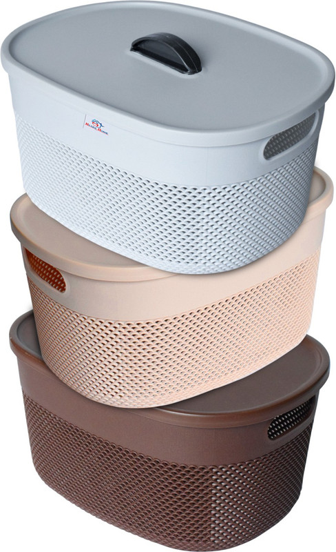 Heart Home Plastic Large Storage Baskets with lid|Shape-Oval|Color-Brown,Beige and Grey|Pack of 3 Storage Basket(Pack of 3)